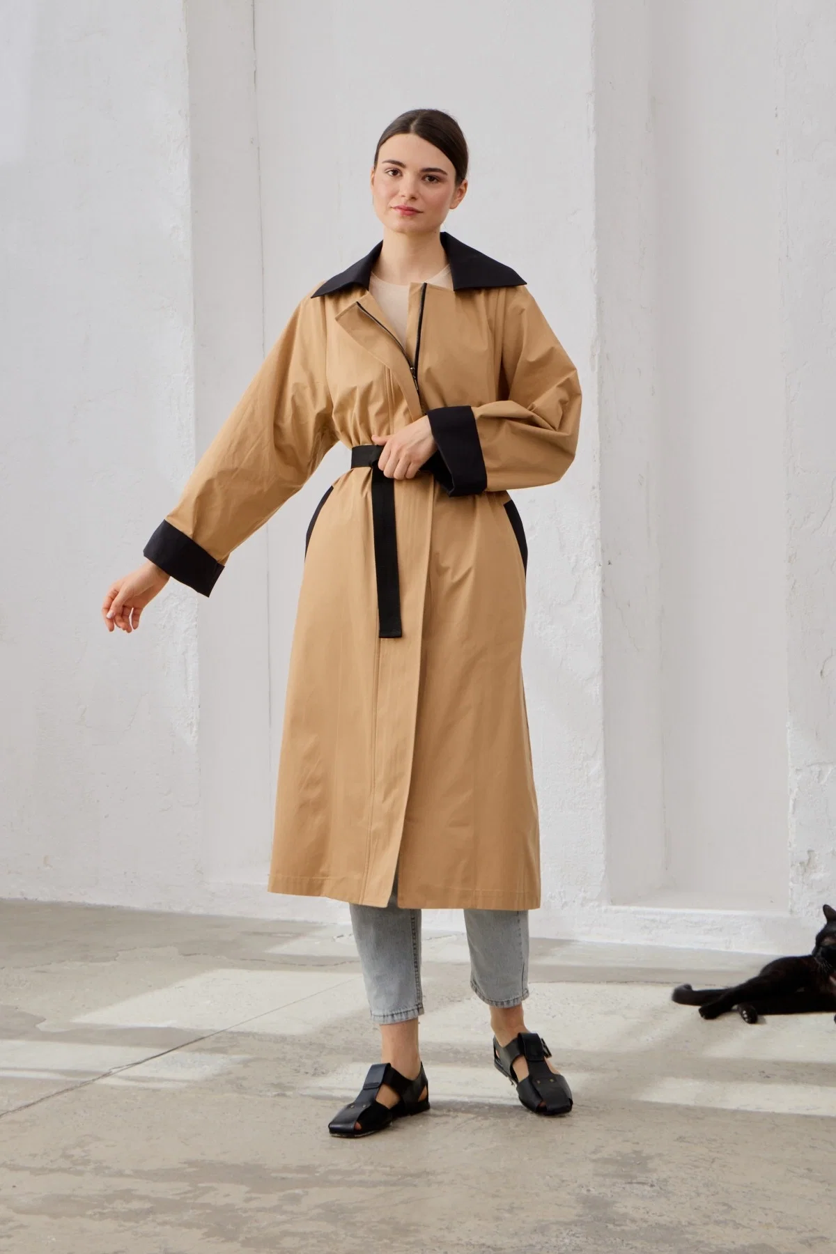Qanu Special Trençkot Siyah-Camel 
